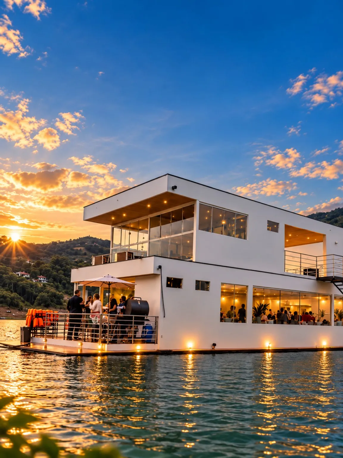 Villa Flutuante iluminada ao entardecer